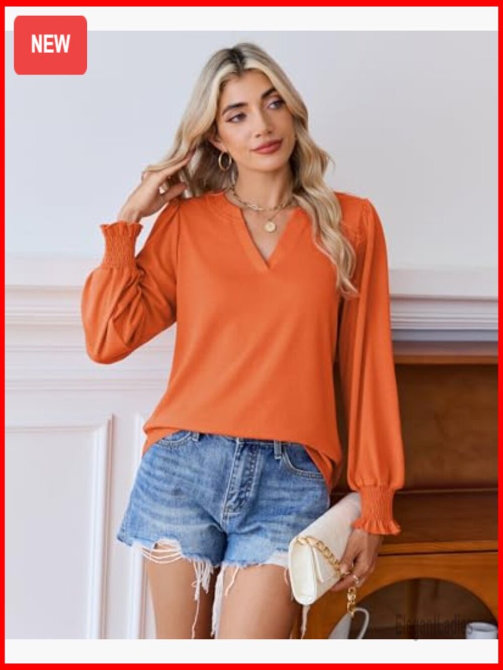 Women's V-Neck Long Sleeve Tunic Blouse Dressy Casual Tops with Smocked Cuffs - Picture 4 of 7